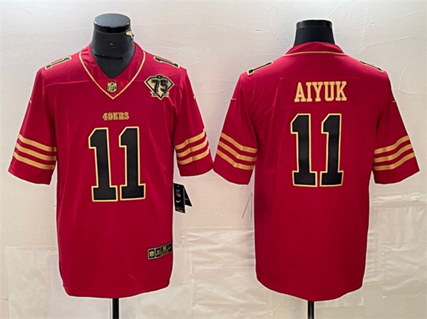 Men's San Francisco 49ers #11 Brandon Aiyuk Red Gold With 75th Anniversary Patch Stitched Jersey